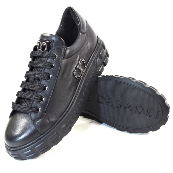 CASADEI 🇮🇹 WOMEN"S BLACK SOFT LEATHER COMFORT FASHION SNEAKERS - Picture 7 of 8